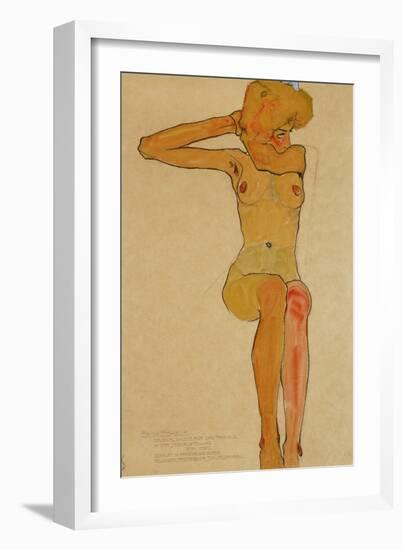 Seated female nude with raised right arm,1910 Gouache-Egon Schiele-Framed Giclee Print