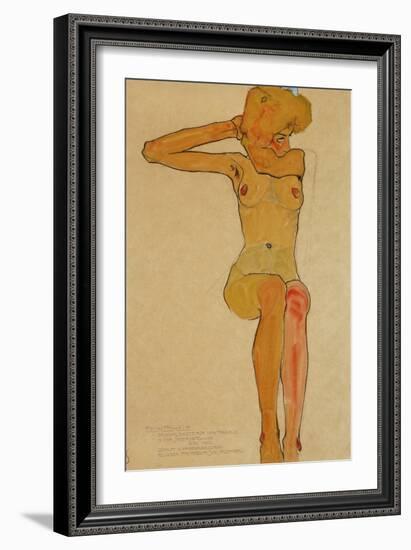 Seated female nude with raised right arm,1910 Gouache-Egon Schiele-Framed Giclee Print