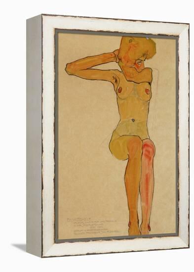 Seated Female Nude with Raised Right Arm, 1910-Egon Schiele-Framed Premier Image Canvas