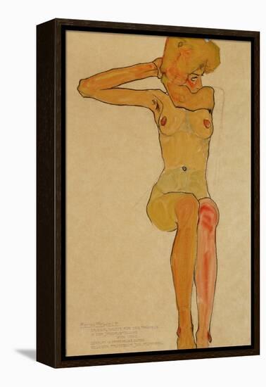 Seated Female Nude with Raised Right Arm, 1910-Egon Schiele-Framed Premier Image Canvas