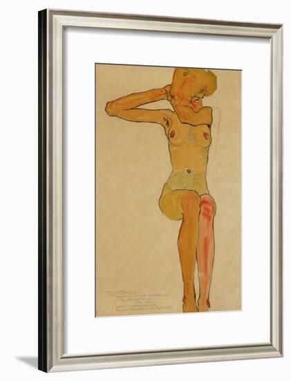 Seated Female Nude with Raised Right Arm, 1910-Egon Schiele-Framed Giclee Print