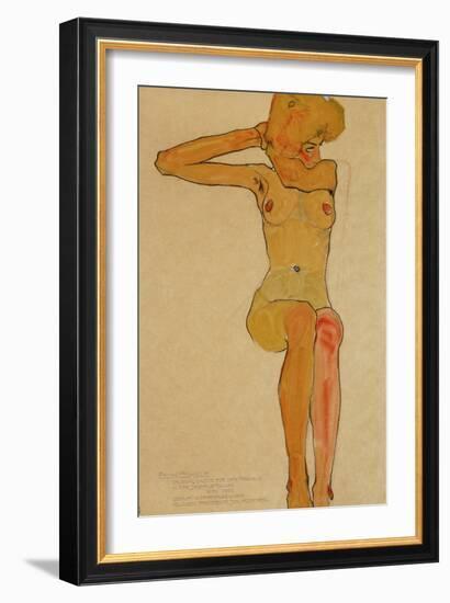 Seated Female Nude with Raised Right Arm, 1910-Egon Schiele-Framed Giclee Print