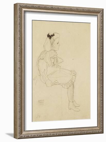 Seated Girl with a Bow in Her Hair, 1909-Egon Schiele-Framed Giclee Print