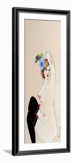 Seated Nude in Black Stockings with Flower and Bird, (II) 2015-Susan Adams-Framed Giclee Print