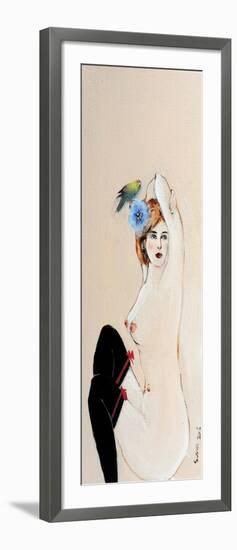 Seated Nude in Black Stockings with Flower and Bird, (II) 2015-Susan Adams-Framed Giclee Print