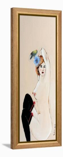 Seated Nude in Black Stockings with Flower and Bird, (II) 2015-Susan Adams-Framed Premier Image Canvas