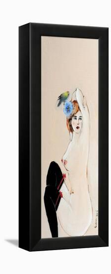 Seated Nude in Black Stockings with Flower and Bird, (II) 2015-Susan Adams-Framed Premier Image Canvas