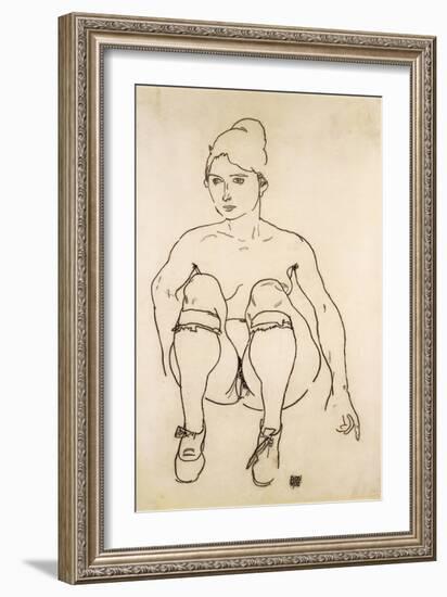 Seated Nude with Shoes and Stockings; Sitzende Akt Mit Schuhen Und Strumpfen, 1918-Egon Schiele-Framed Giclee Print