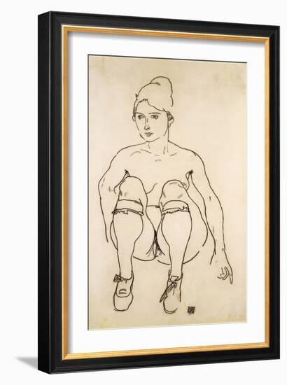 Seated Nude with Shoes and Stockings; Sitzende Akt Mit Schuhen Und Strumpfen, 1918-Egon Schiele-Framed Giclee Print