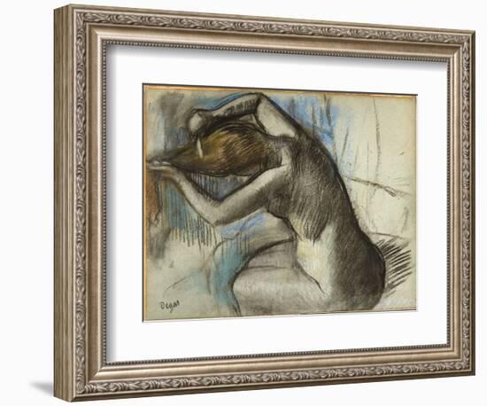 Seated Nude Woman Brushing Her Hair, C.1885 (Charcoal & Pastel on Blue Paper)-Edgar Degas-Framed Giclee Print