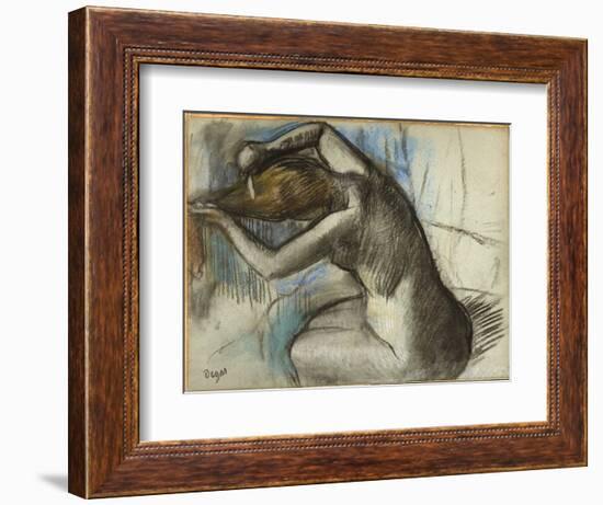 Seated Nude Woman Brushing Her Hair, C.1885 (Charcoal & Pastel on Blue Paper)-Edgar Degas-Framed Giclee Print