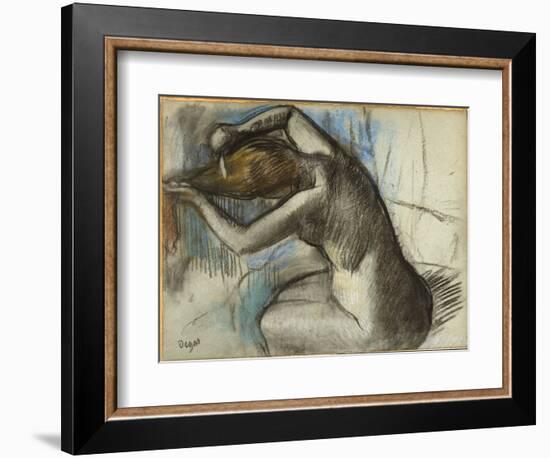 Seated Nude Woman Brushing Her Hair, C.1885 (Charcoal & Pastel on Blue Paper)-Edgar Degas-Framed Giclee Print