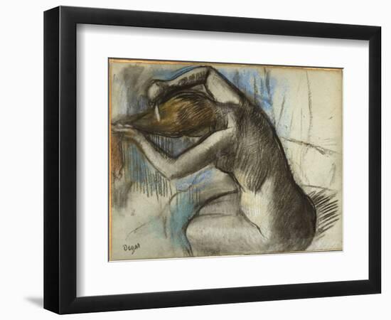 Seated Nude Woman Brushing Her Hair, C.1885 (Charcoal & Pastel on Blue Paper)-Edgar Degas-Framed Giclee Print