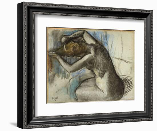 Seated Nude Woman Brushing Her Hair, C.1885 (Charcoal & Pastel on Blue Paper)-Edgar Degas-Framed Giclee Print