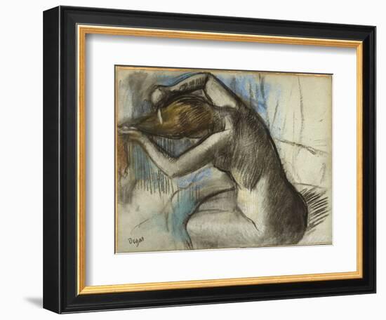 Seated Nude Woman Brushing Her Hair, C.1885 (Charcoal & Pastel on Blue Paper)-Edgar Degas-Framed Giclee Print