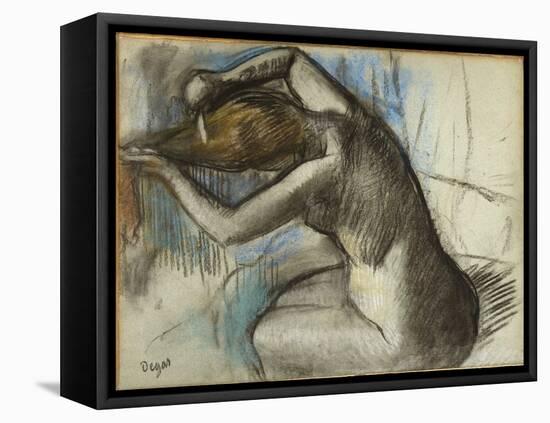 Seated Nude Woman Brushing Her Hair, C.1885 (Charcoal & Pastel on Blue Paper)-Edgar Degas-Framed Premier Image Canvas