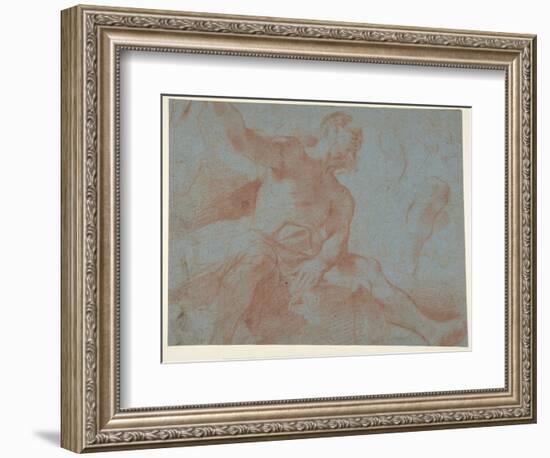 Seated Old Man with right Arm Upraised (Tithonus) (Recto), 1621 (Red Chalk on Blue Paper)-Guercino (1591-1666)-Framed Giclee Print