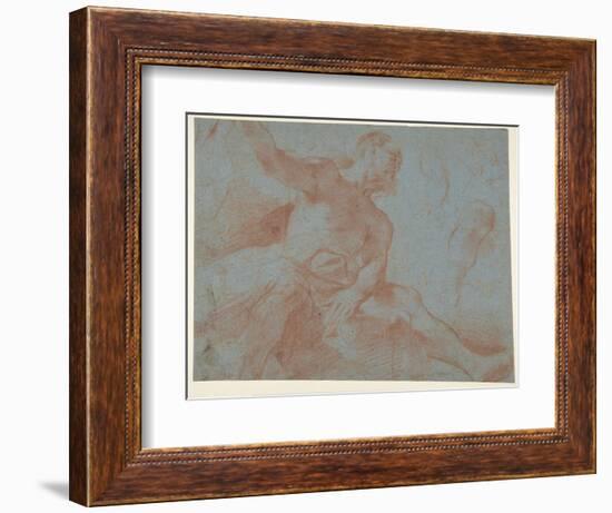 Seated Old Man with right Arm Upraised (Tithonus) (Recto), 1621 (Red Chalk on Blue Paper)-Guercino (1591-1666)-Framed Giclee Print