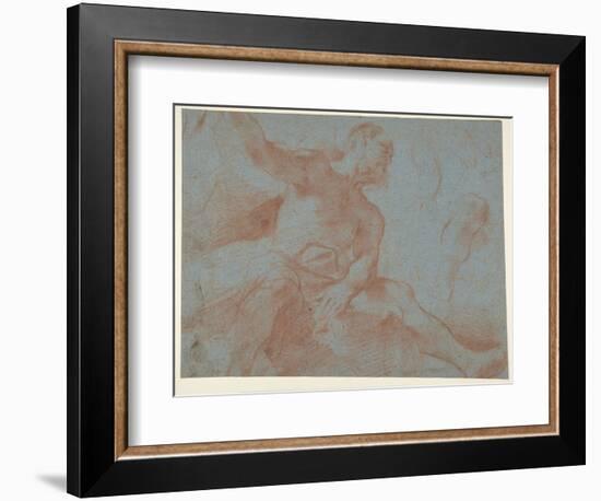 Seated Old Man with right Arm Upraised (Tithonus) (Recto), 1621 (Red Chalk on Blue Paper)-Guercino (1591-1666)-Framed Giclee Print