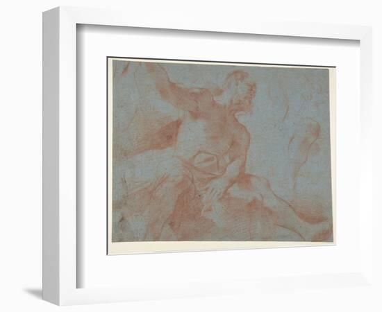 Seated Old Man with right Arm Upraised (Tithonus) (Recto), 1621 (Red Chalk on Blue Paper)-Guercino (1591-1666)-Framed Giclee Print