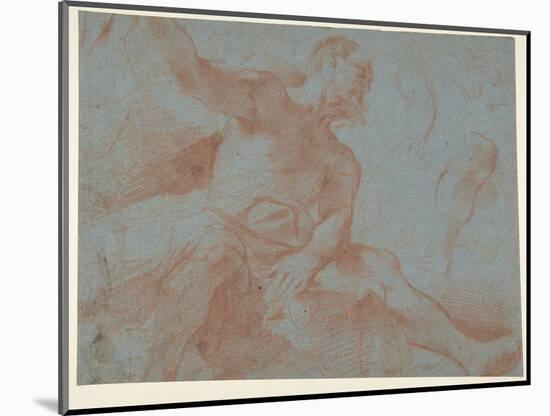 Seated Old Man with right Arm Upraised (Tithonus) (Recto), 1621 (Red Chalk on Blue Paper)-Guercino (1591-1666)-Mounted Giclee Print