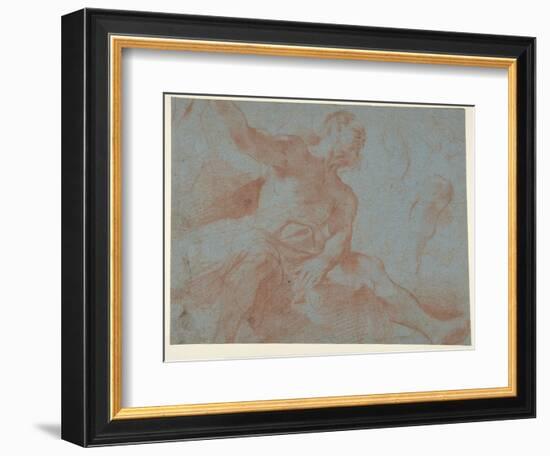 Seated Old Man with right Arm Upraised (Tithonus) (Recto), 1621 (Red Chalk on Blue Paper)-Guercino (1591-1666)-Framed Giclee Print