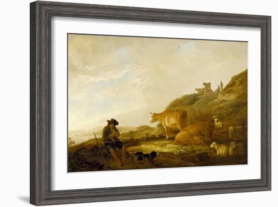 Seated Shepherd with Cows and Sheep in a Meadow, 1644 (Oil on Oak Panel)-Aelbert Cuyp-Framed Giclee Print