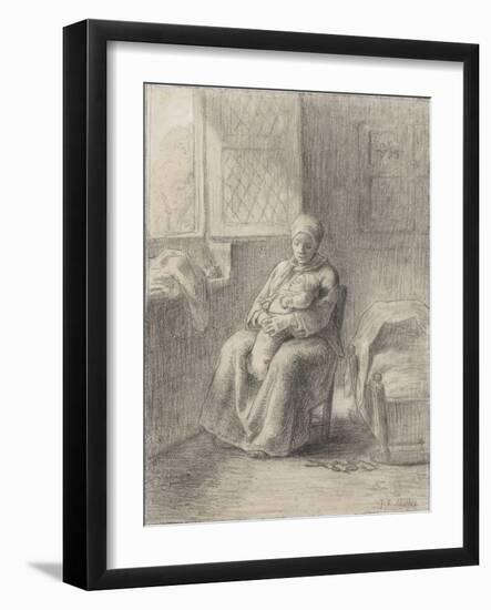 Seated Woman with a Baby by a Window, C.1824-75 (Chalk on Paper)-Jean-Francois Millet-Framed Giclee Print