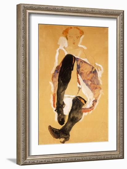 Seated Woman with Black Stockings; Sitzendes Madchen Mit Schwarzen Strumpfen, 1911-Egon Schiele-Framed Giclee Print