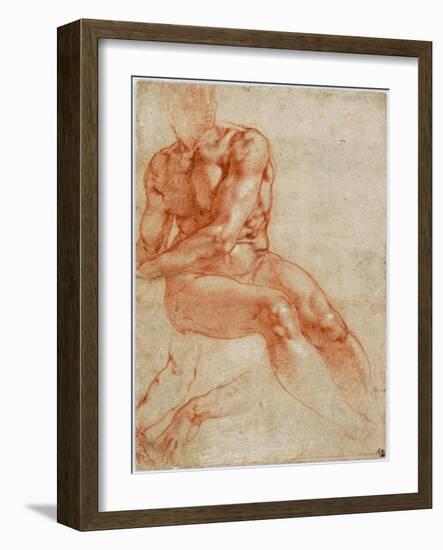 Seated Young Male Nude and Two Arm Studies, Ca 1510-1511-Michelangelo Buonarroti-Framed Giclee Print