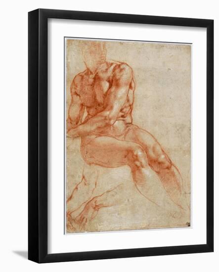 Seated Young Male Nude and Two Arm Studies, Ca 1510-1511-Michelangelo Buonarroti-Framed Giclee Print