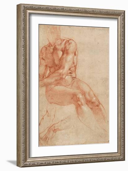 Seated Young Male Nude and Two Arm Studies (Recto)-Michelangelo Buonarroti-Framed Giclee Print