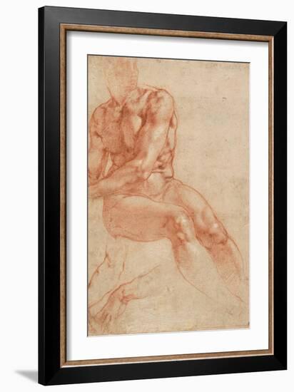 Seated Young Male Nude and Two Arm Studies (Recto)-Michelangelo Buonarroti-Framed Giclee Print