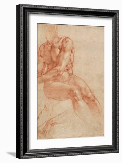 Seated Young Male Nude and Two Arm Studies (Recto)-Michelangelo Buonarroti-Framed Giclee Print