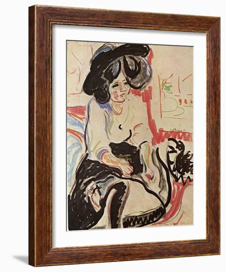 Seated Young Woman with Hat and Cigarette-Ernst Ludwig Kirchner-Framed Art Print