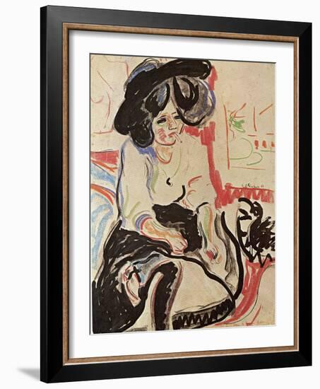 Seated Young Woman with Hat and Cigarette-Ernst Ludwig Kirchner-Framed Art Print