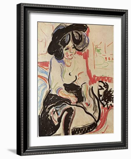 Seated Young Woman with Hat and Cigarette-Ernst Ludwig Kirchner-Framed Art Print