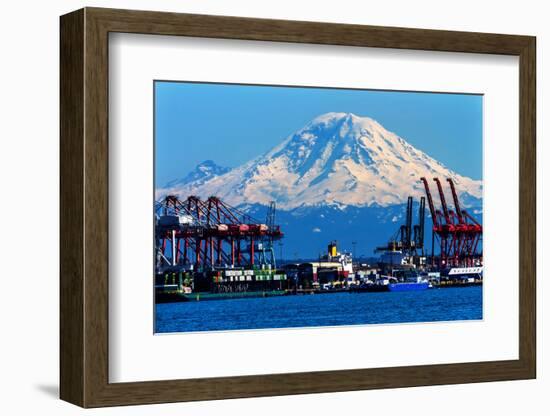 Seattle Port with Red Cranes and Ships Barges Pier and Dock Mt Rainier in the Background-William Perry-Framed Photographic Print