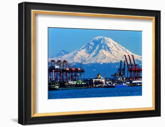 Seattle Port with Red Cranes and Ships Barges Pier and Dock Mt Rainier in the Background-William Perry-Framed Photographic Print