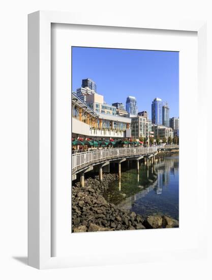 Seattle skyline and restaurants on sunny day in Bell Harbor Marina, Seattle, Washington State, Unit-Frank Fell-Framed Photographic Print