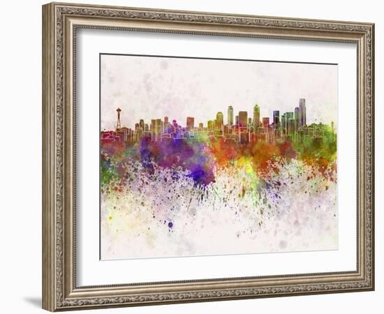 Seattle Skyline in Watercolor Background-paulrommer-Framed Art Print