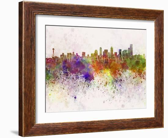 Seattle Skyline in Watercolor Background-paulrommer-Framed Art Print