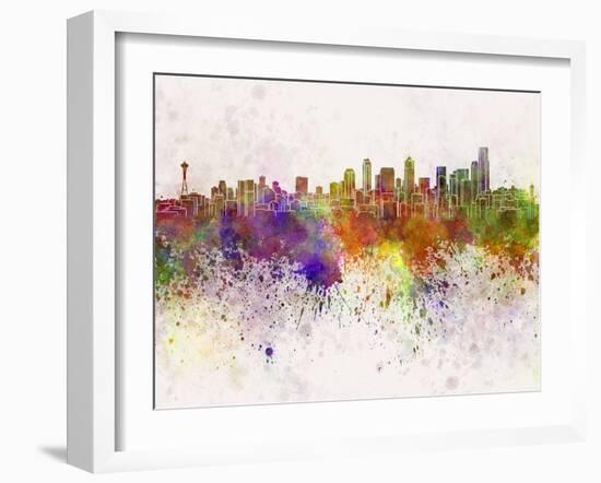 Seattle Skyline in Watercolor Background-paulrommer-Framed Art Print