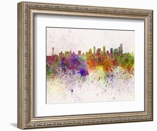 Seattle Skyline in Watercolor Background-paulrommer-Framed Art Print