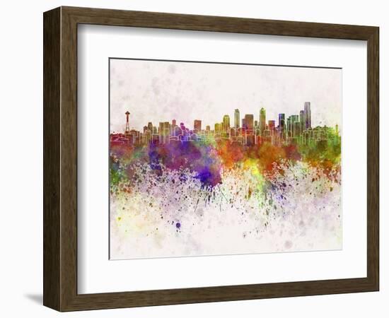 Seattle Skyline in Watercolor Background-paulrommer-Framed Art Print