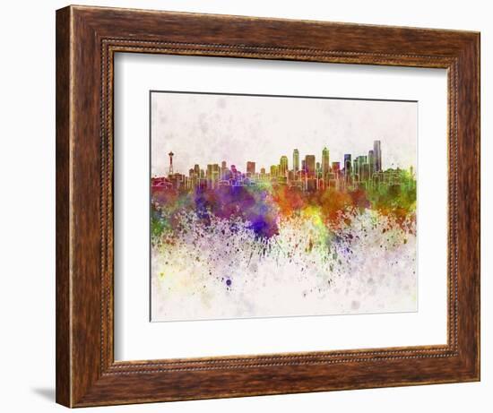 Seattle Skyline in Watercolor Background-paulrommer-Framed Art Print