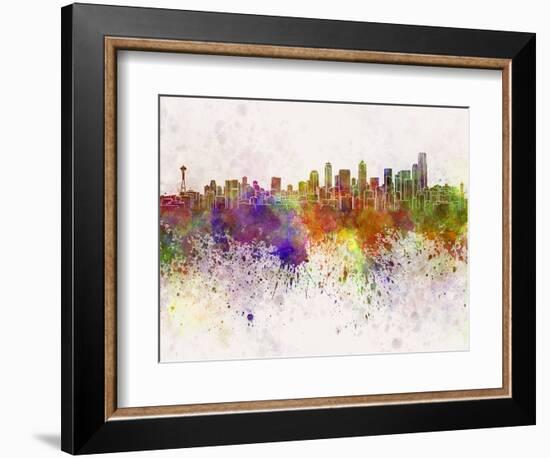 Seattle Skyline in Watercolor Background-paulrommer-Framed Art Print