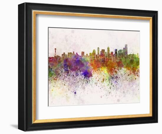 Seattle Skyline in Watercolor Background-paulrommer-Framed Art Print