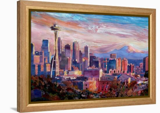 Seattle Skyline with Space Needle and Mt Rainier-Martina Bleichner-Framed Stretched Canvas