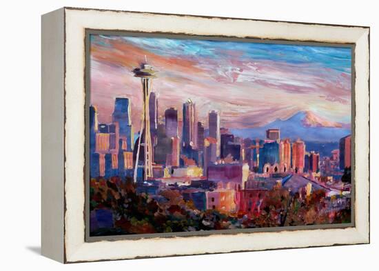 Seattle Skyline with Space Needle and Mt Rainier-Martina Bleichner-Framed Stretched Canvas